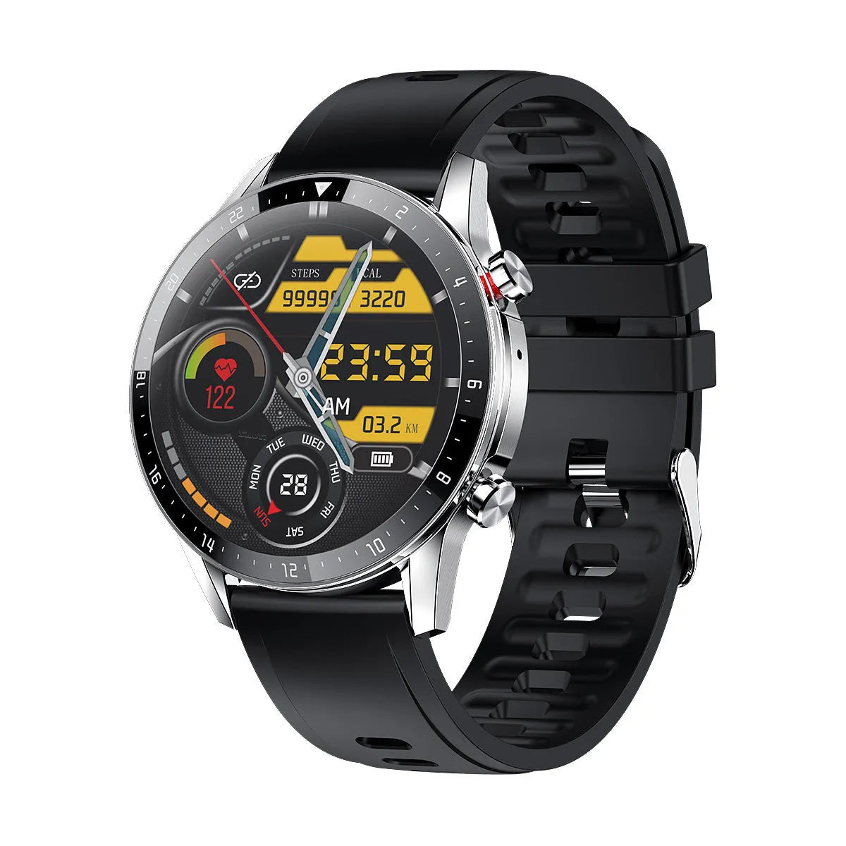 Alloy-case Bluetooth smart watch with heart rate monitor on wrist, showing blue colour option.