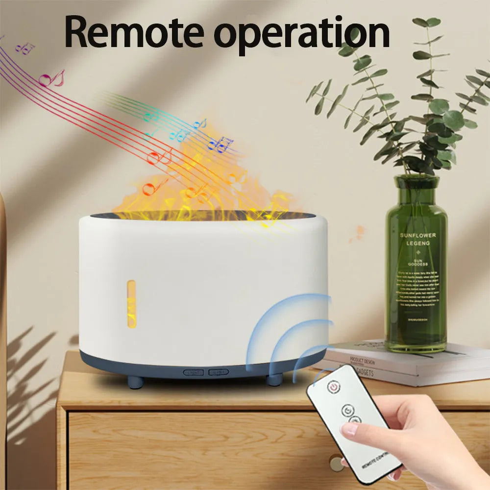 Flame humidifier aromatherapy machine with Bluetooth remote control showing LED flame effect