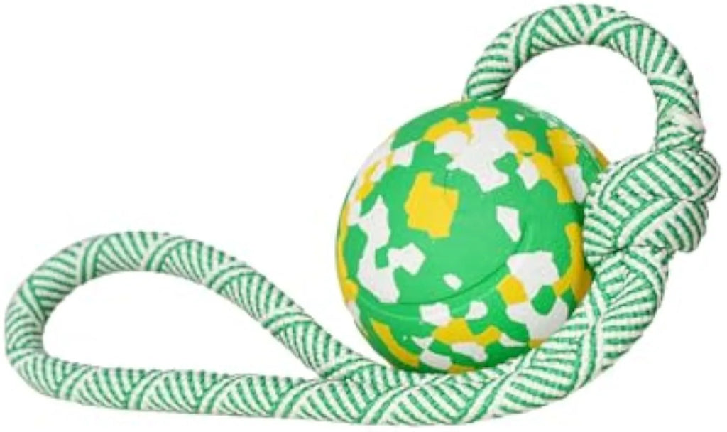 Natural rubber dog ball on nylon rope toy for medium and small dogs with 2.4 inch ball diameter