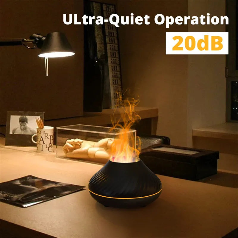 Beige aromatherapy diffuser with LED flame effect lighting and mist output