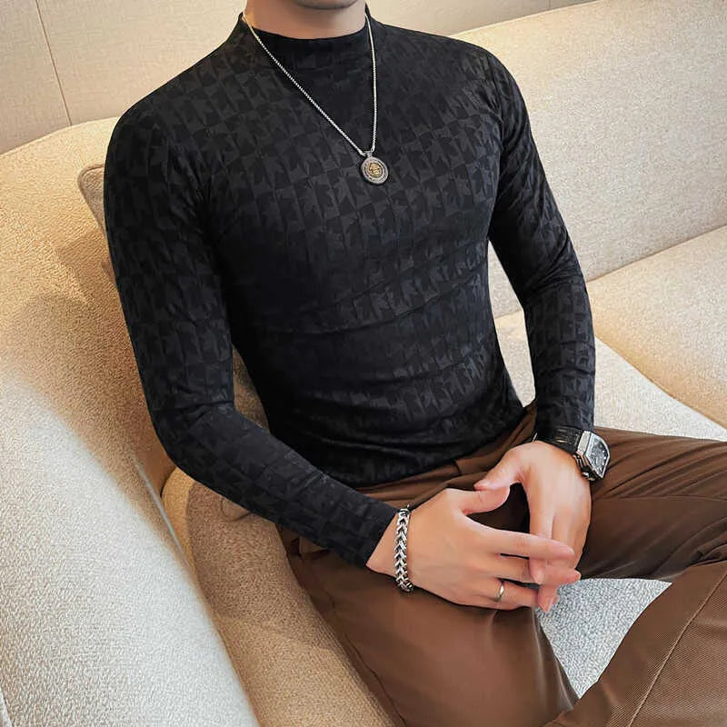 Men's half-high collar slim fit pullover T-shirt in black, white, brown, and gray colour options
