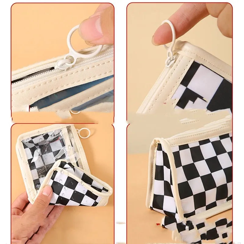 Transparent PVC pencil case with chessboard grid pattern in black and white or red and white.