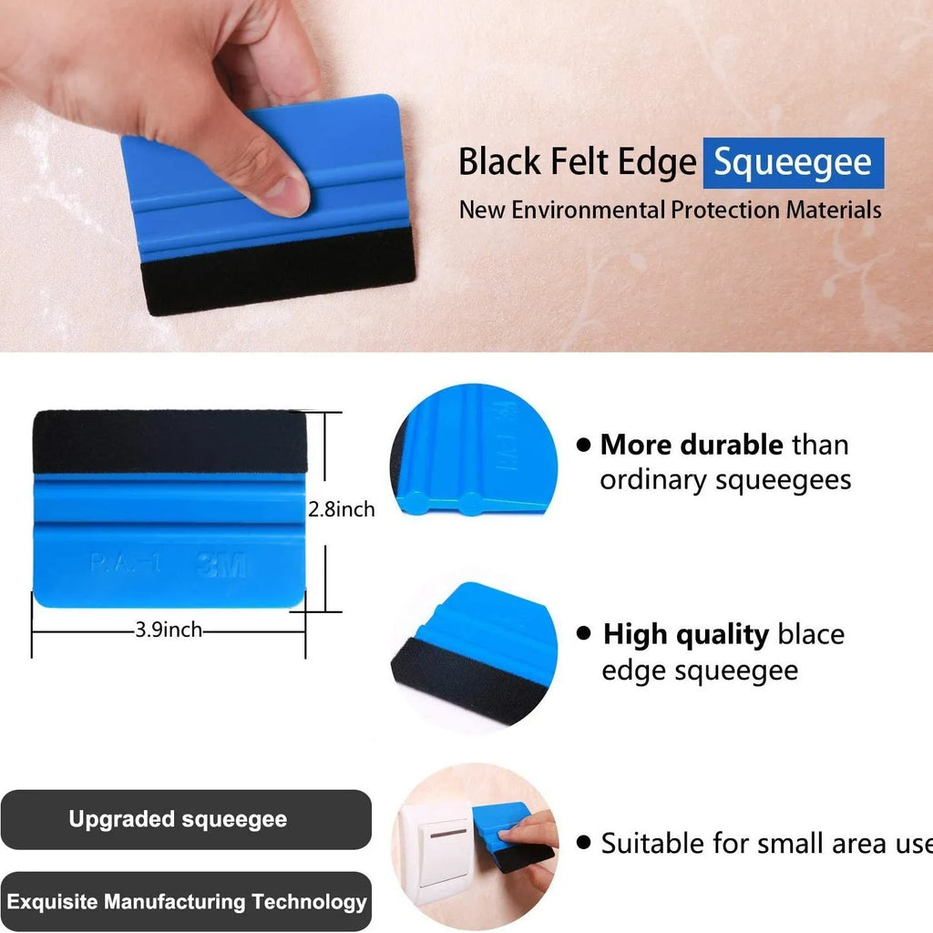 Plastic car film smoothing tool kit with squeegee and trimming knife for window tint and vinyl wrap application.