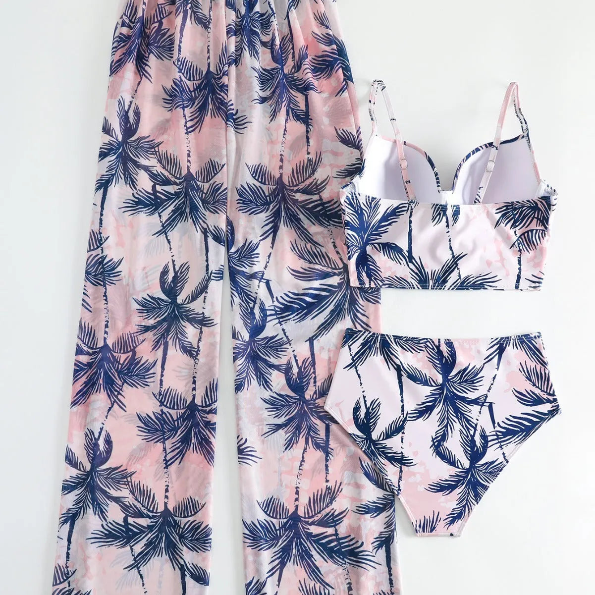 Women's printed bikini three-piece set in black with top and pants, polyester spandex swimwear