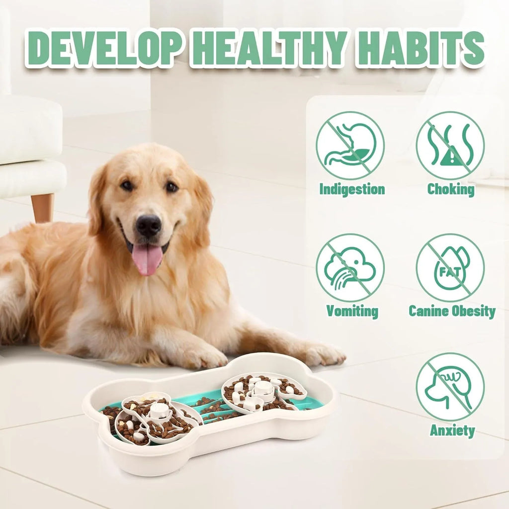 Large green slow feeder dog bowl with wave patterns and grooves for extended feeding