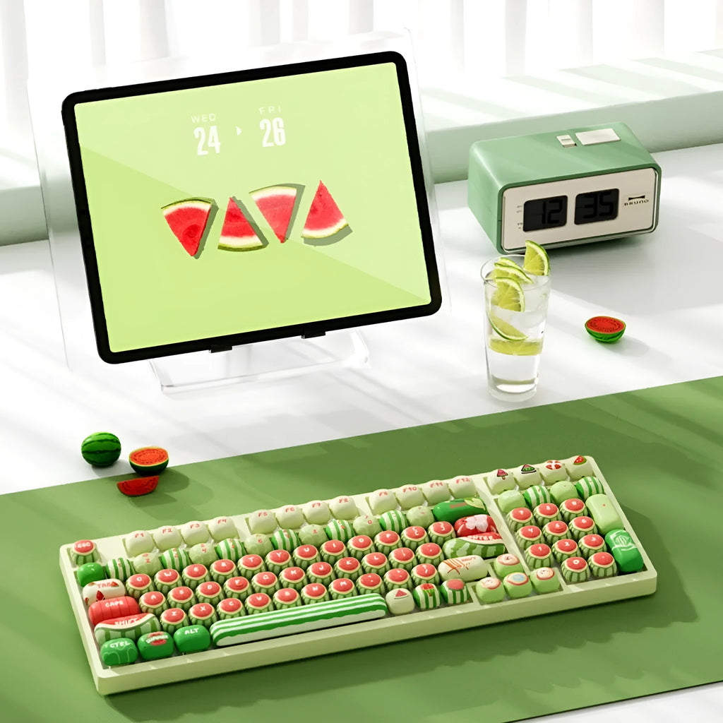 Watermelon-themed mechanical keyboard key cap set with blue accent keys and sublimation printing