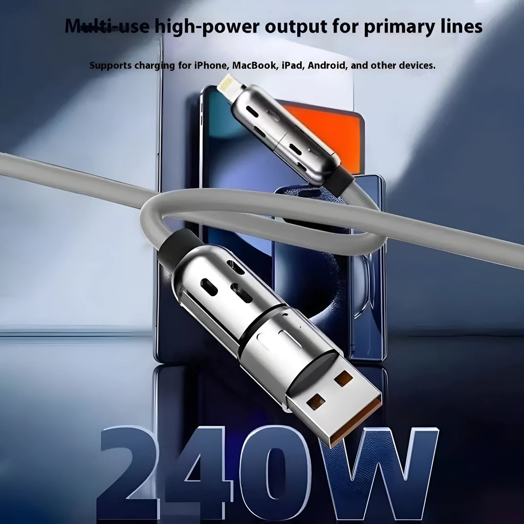 Four-in-one fast charge data cable with Lightning and Type-C connectors, LED indicator, PVC construction, available in black