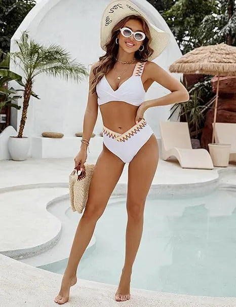 Women's black lace-up swimsuit bikini with high-waisted briefs showing adjustable front detail