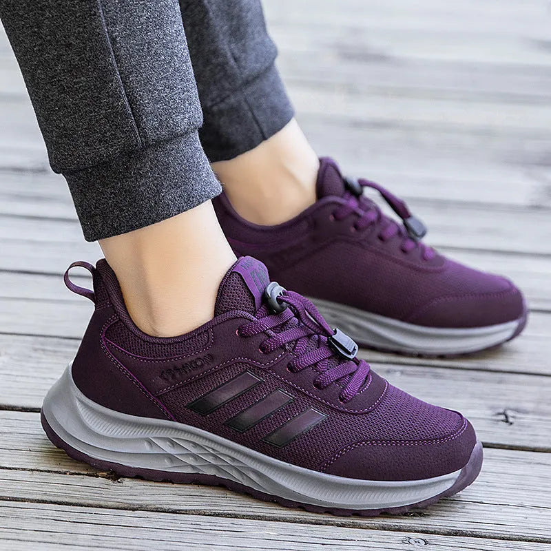 Breathable mesh elastic slip-on shoes for men and women in various colours on a non-slip sole.