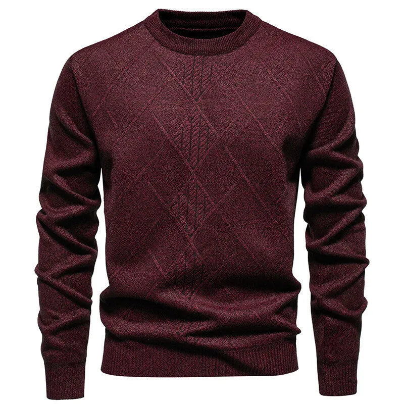 Men's fleece-lined thick round neck knitted undershirt in winter pullover style with long sleeves