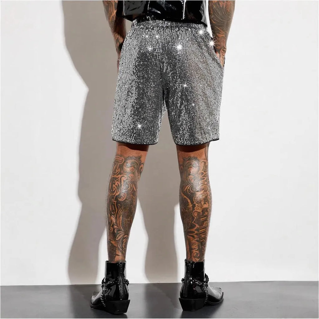 Men's silver sequin straight cut cotton blend shorts with elastic waistband
