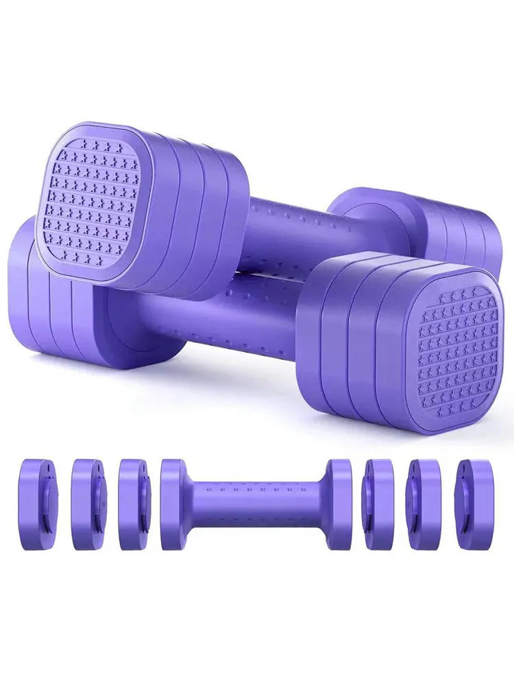 Pink, blue, black, and purple detachable 5 lb dumbbell set for women's fitness.