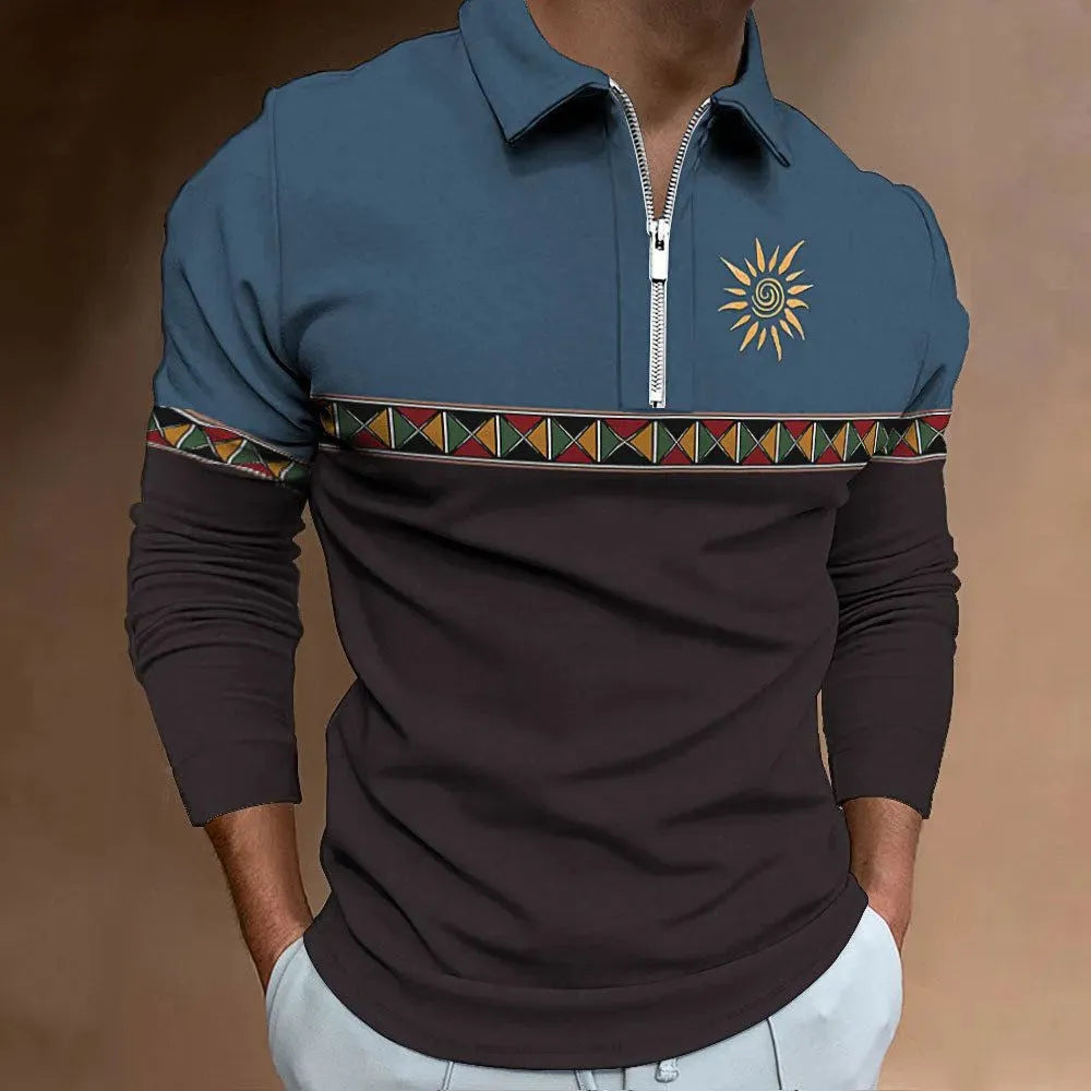 Men's retro striped polo shirt with zip decoration in loose fit for golf