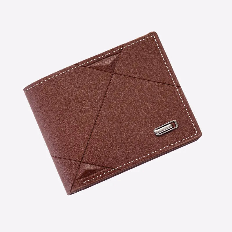Men's thin black three-fold horizontal leather wallet showing multiple card slots.