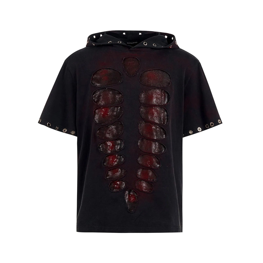 Black men's hooded short-sleeved T-shirt covered in sequins with a loose fit.