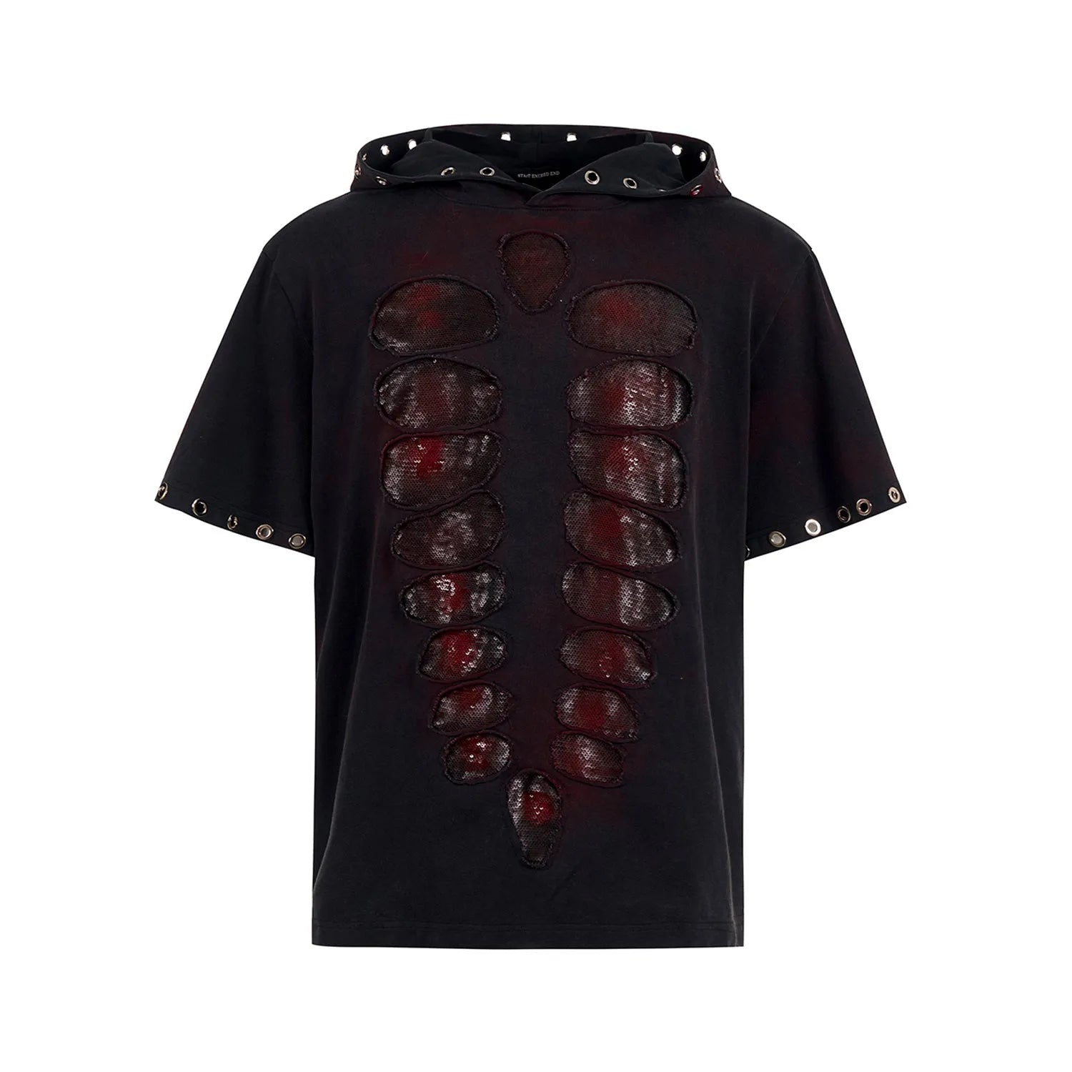 Black men's hooded short-sleeved T-shirt covered in sequins with a loose fit.