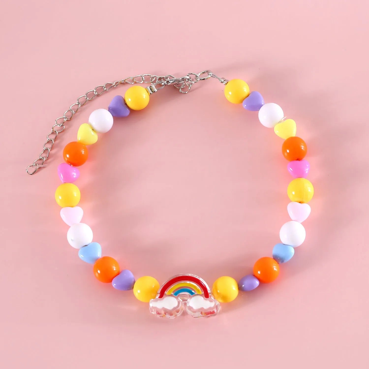 Colourful plastic bead cat necklace showing small flower, rainbow, and peach pattern options with adjustable sizing
