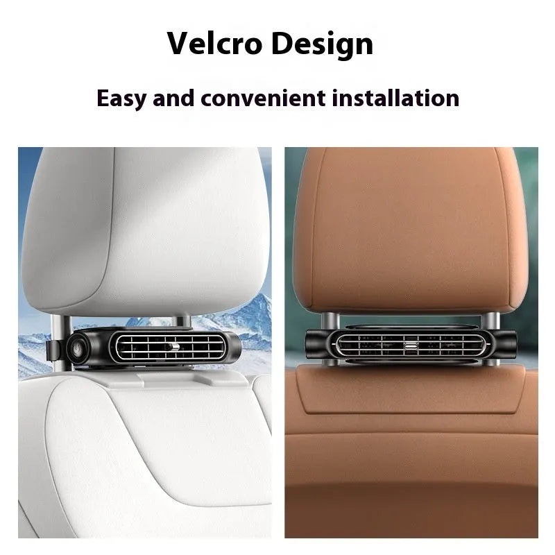 USB car fan with velcro strap mounted on a car seat headrest, showing its brushless motor and bladeless design.