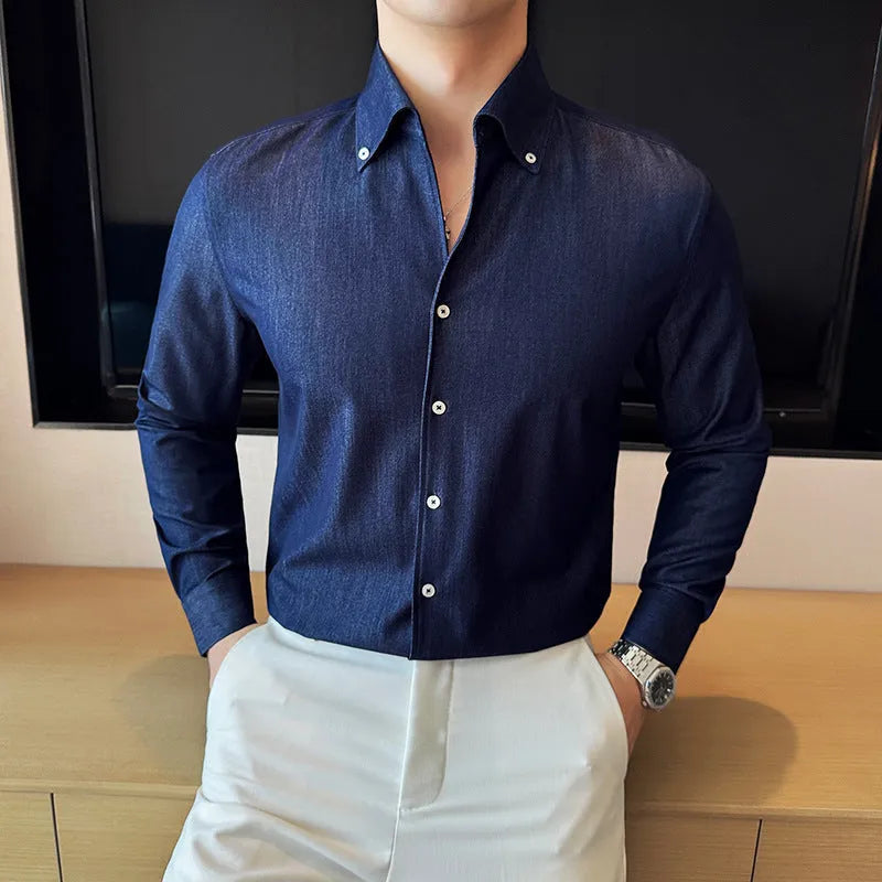 Men's slim fit long-sleeved denim shirt in cardigan style, available in black, blue and white colours