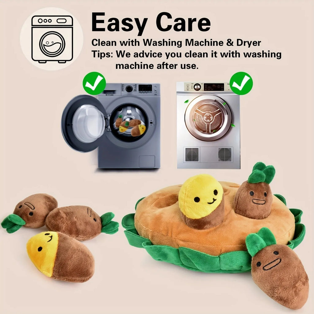 Yellow interactive dog puzzle pad with removable squeaky plush toys for foraging and slow feeding