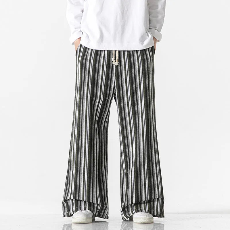 Vintage stripe loose straight leg mopping pants in cotton blend fabric on a hanger