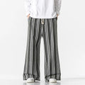 Vintage stripe loose straight leg mopping pants in cotton blend fabric on a hanger