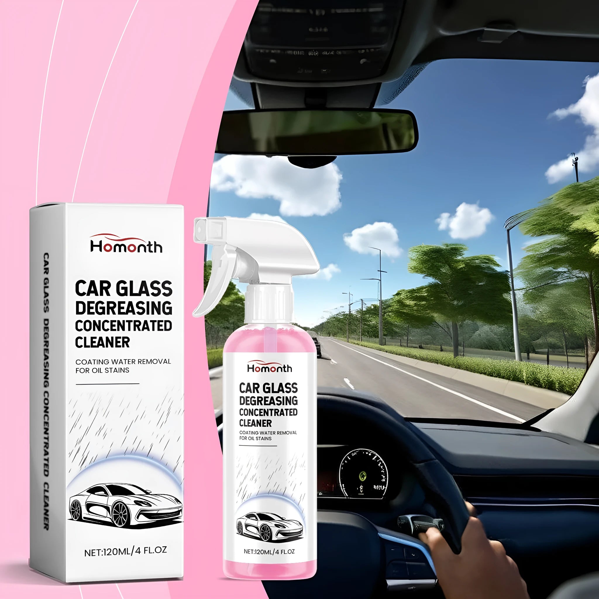 Car glass cleaner 120ml bottle with clear liquid for windscreen stain removal