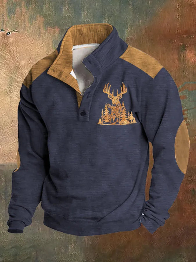 Man's loose fit grey sweater with blue 3D geometric digital print pattern and four-button front.