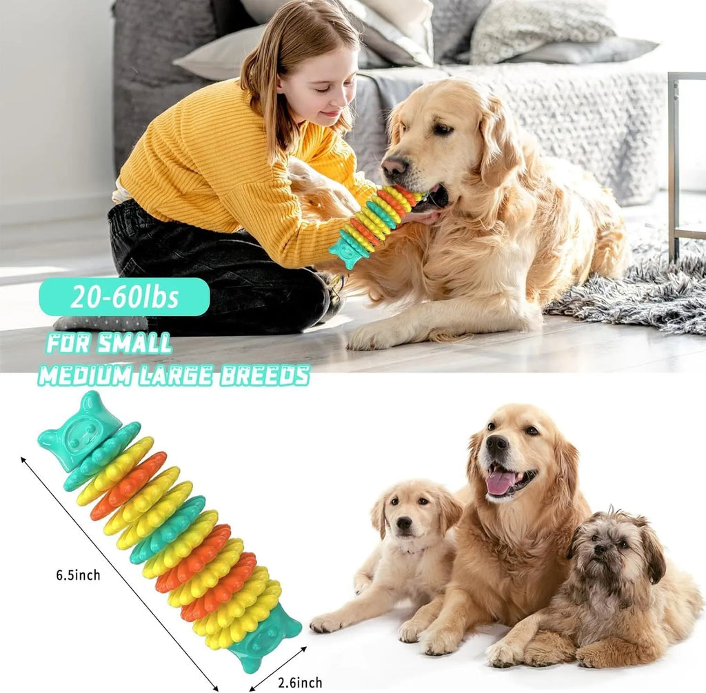Blue caterpillar-shaped natural rubber dog chew toy for aggressive chewers measuring 17cm long