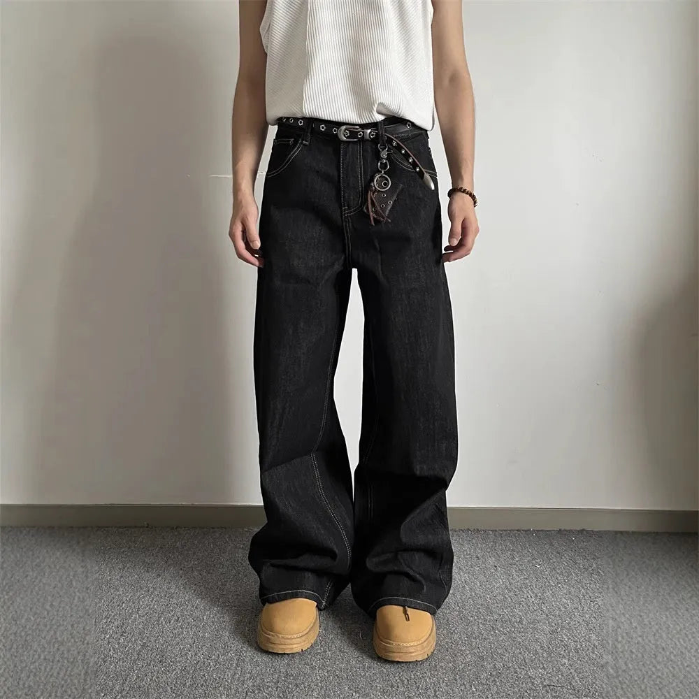Black loose wide-leg straight-leg jeans with mid-waist and zip fly in retro style