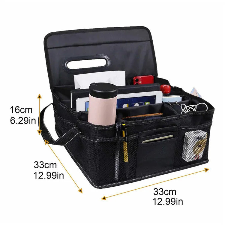 Black collapsible Oxford cloth storage box for car boot organisation, dimensions 33cm x 33cm x 16cm.