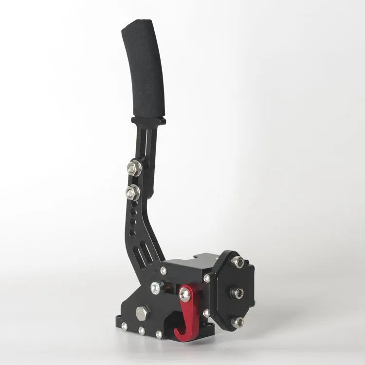 Linear handbrake for PC sim racing in red, black, or blue, compatible with Logitech and Thrustmaster wheels.