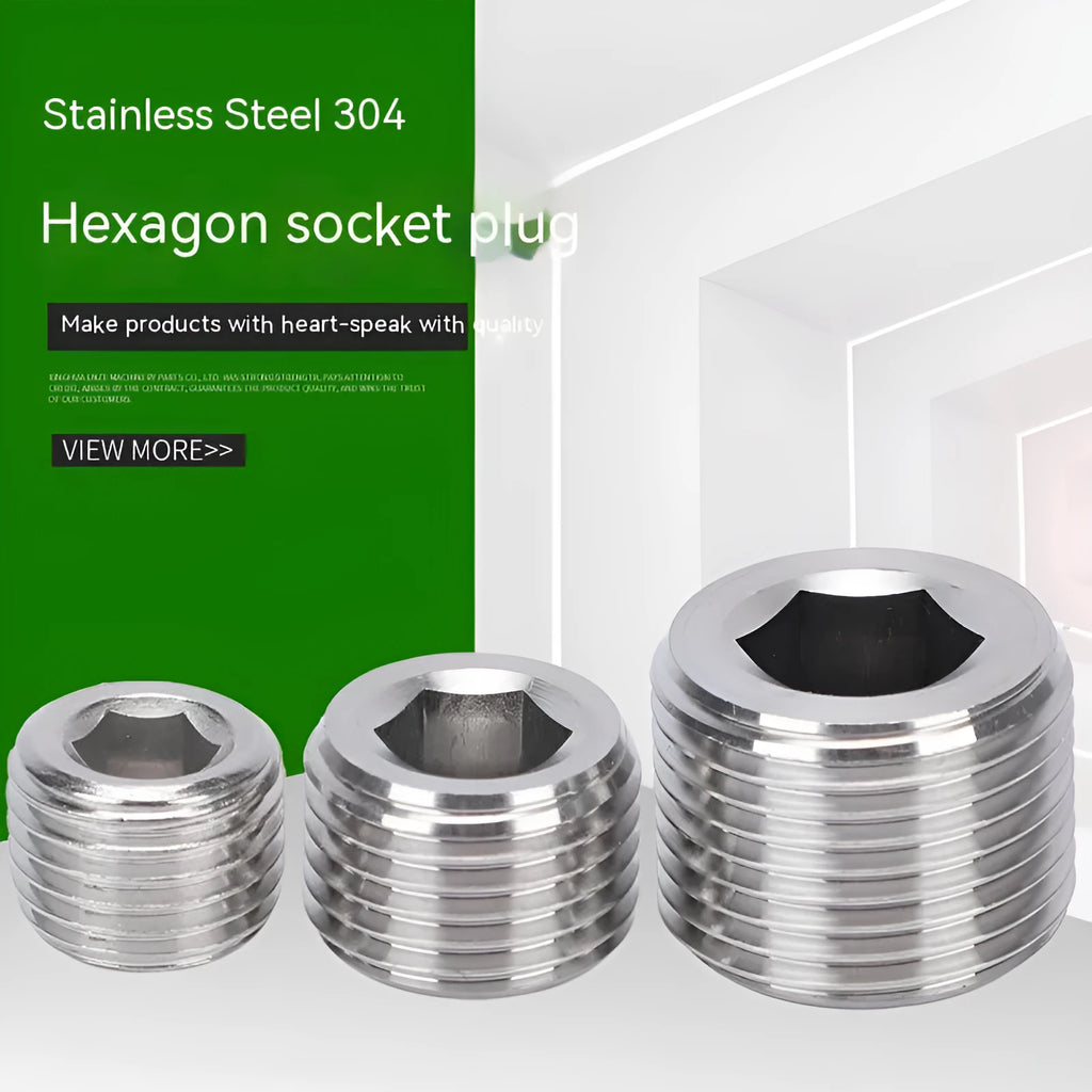 Stainless steel hexagon plug for 3/8 inch bulkhead pipe fittings on a white background.