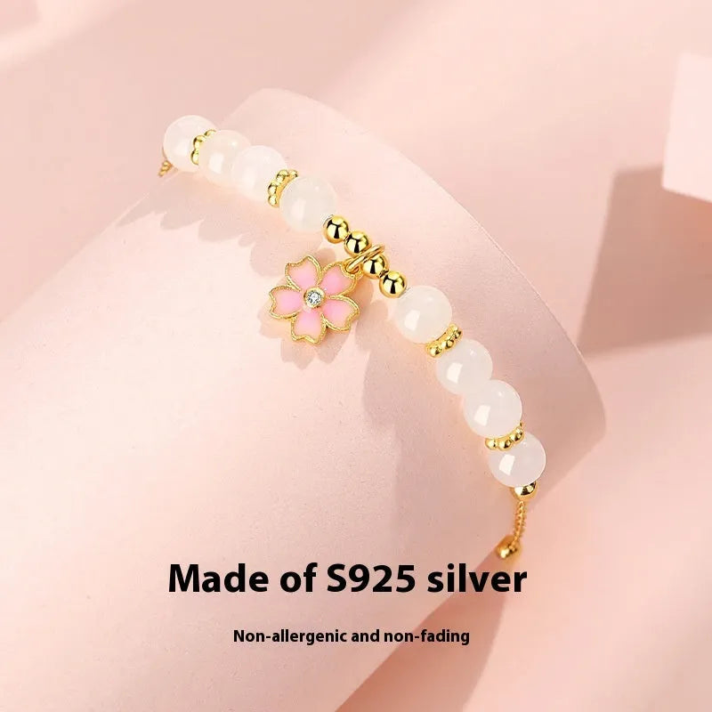 Pink S925 silver bracelet with cherry blossom pendant and Hetian jade beads