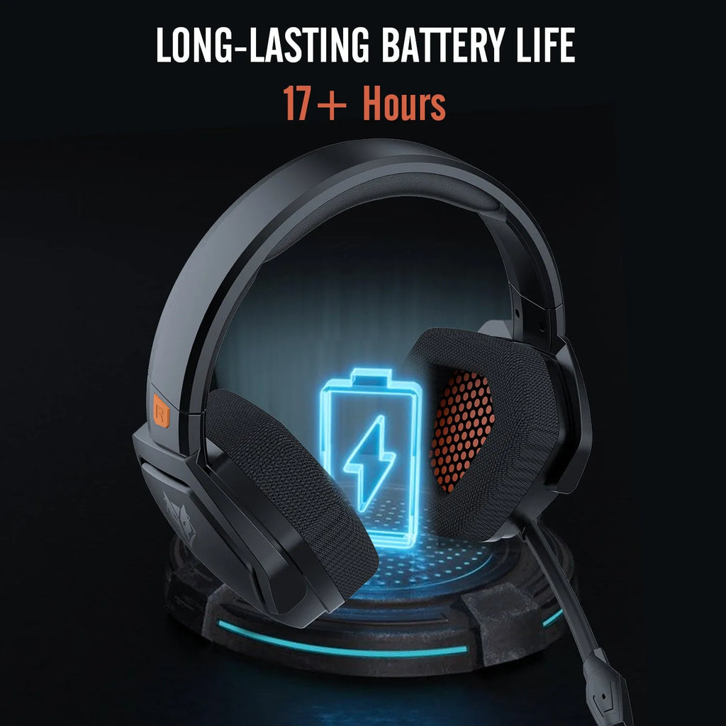 Black and orange wireless gaming headset with over-ear design and omnidirectional microphone