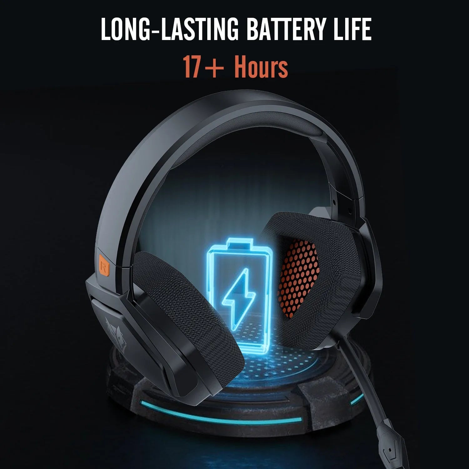 Black and orange wireless gaming headset with over-ear design and omnidirectional microphone