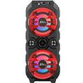 Portable Bluetooth speaker with colour lights and pull-rod handle in blue, red, or silver grey finish