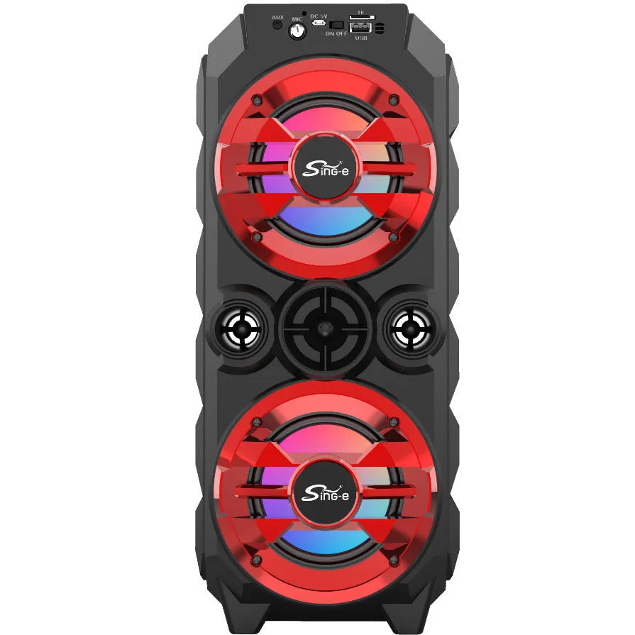Portable Bluetooth speaker with colour lights and pull-rod handle in blue, red, or silver grey finish