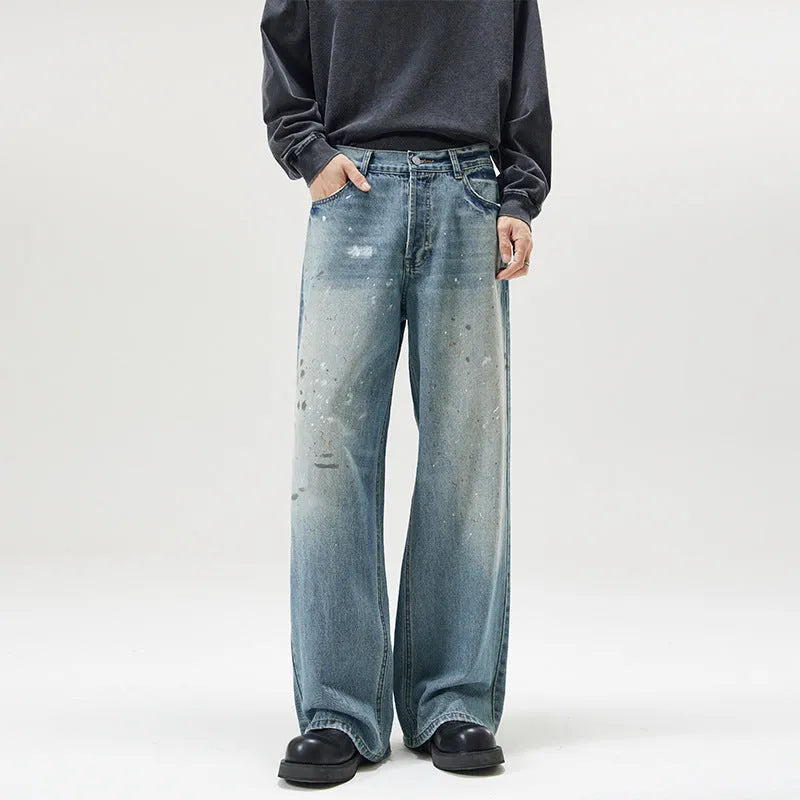 Ice Blue splash ink distressed straight leg cotton denim jeans with zip fly