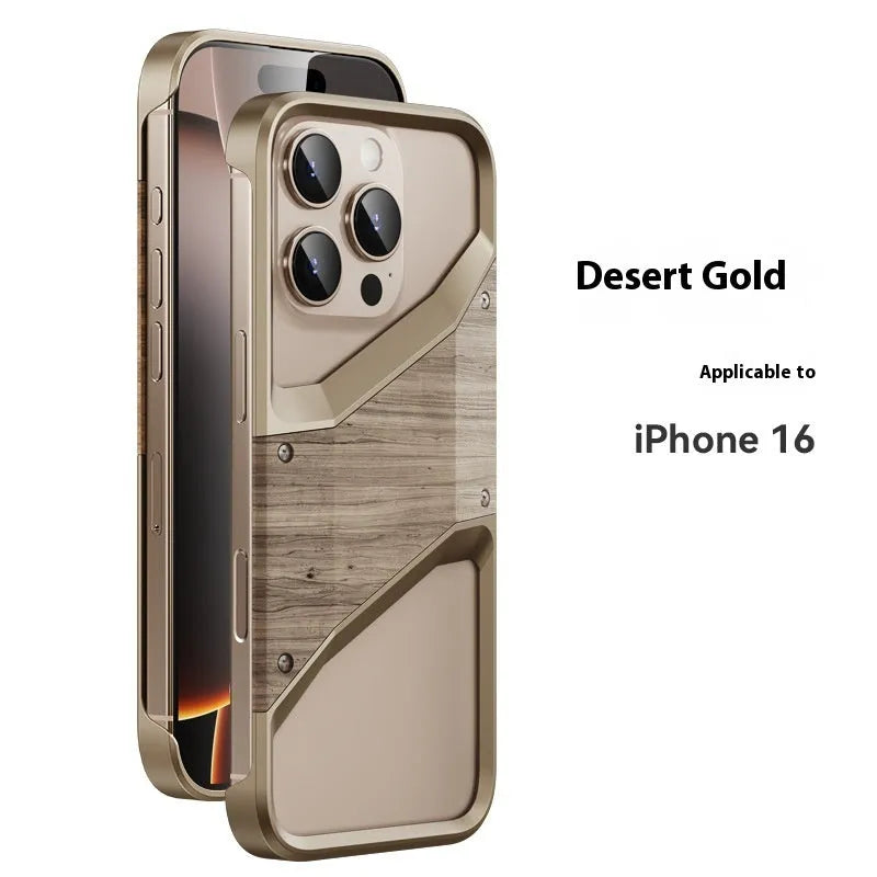 Wooden aluminium alloy phone case in Desert Gold on iPhone 15 Pro Max
