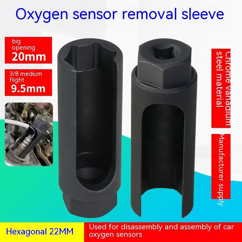 Black chromium vanadium steel oxygen sensor sleeve tool with 22mm hexagonal socket opening.
