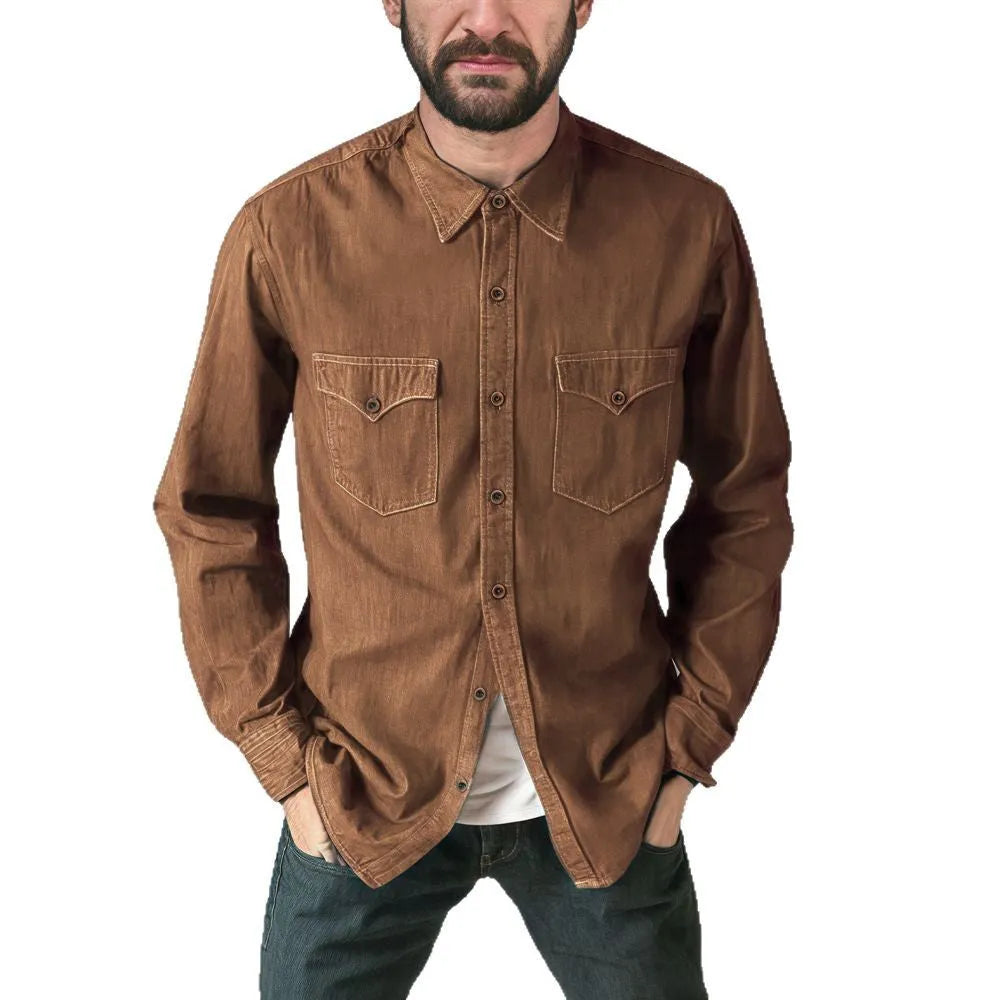 A denim cardigan coat in a regular fit, shown in khaki colour.