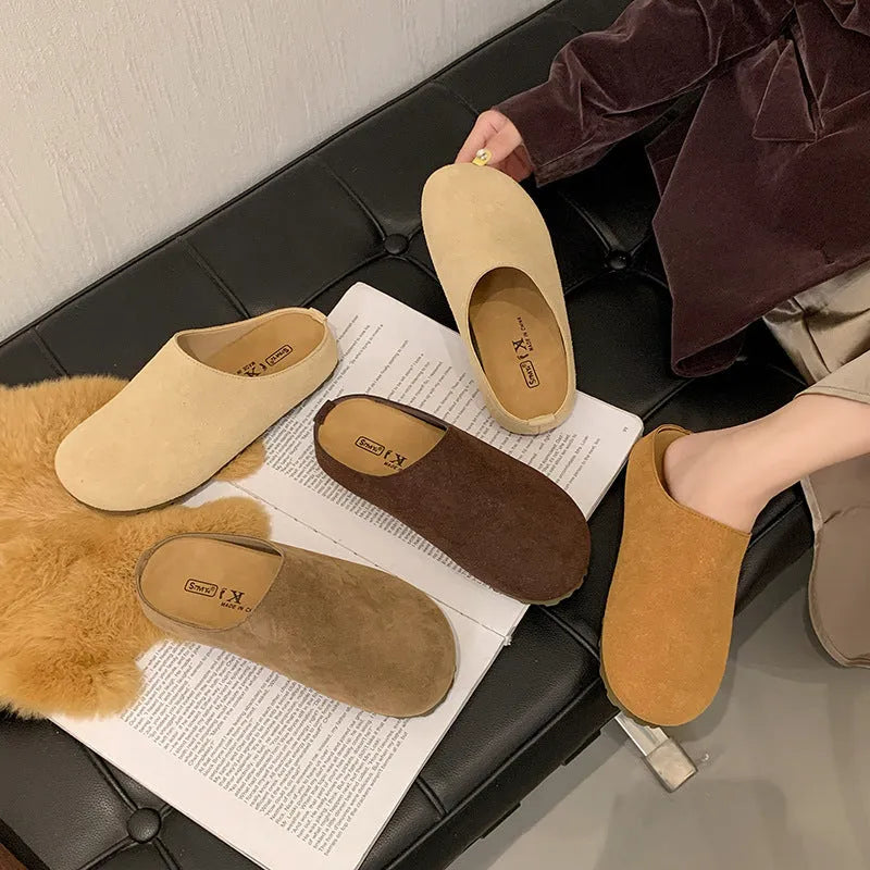Korean style ugly soft flat outdoor slip-on boken slippers in apricot colour with square toe and PU sole.