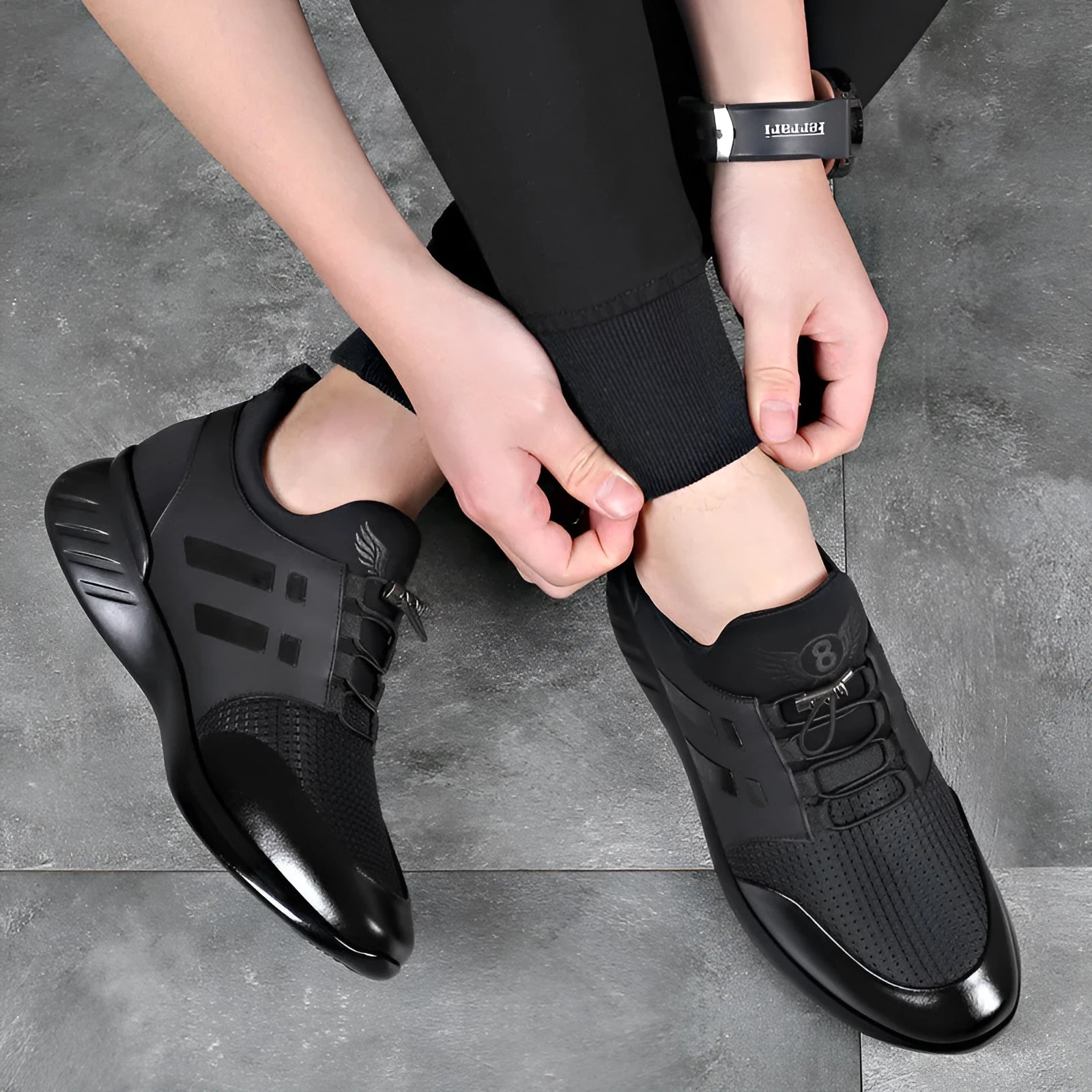 Men's black casual shoe with chunky rubber sole and round toe, shown in leather, mesh, and Lycra upper options.