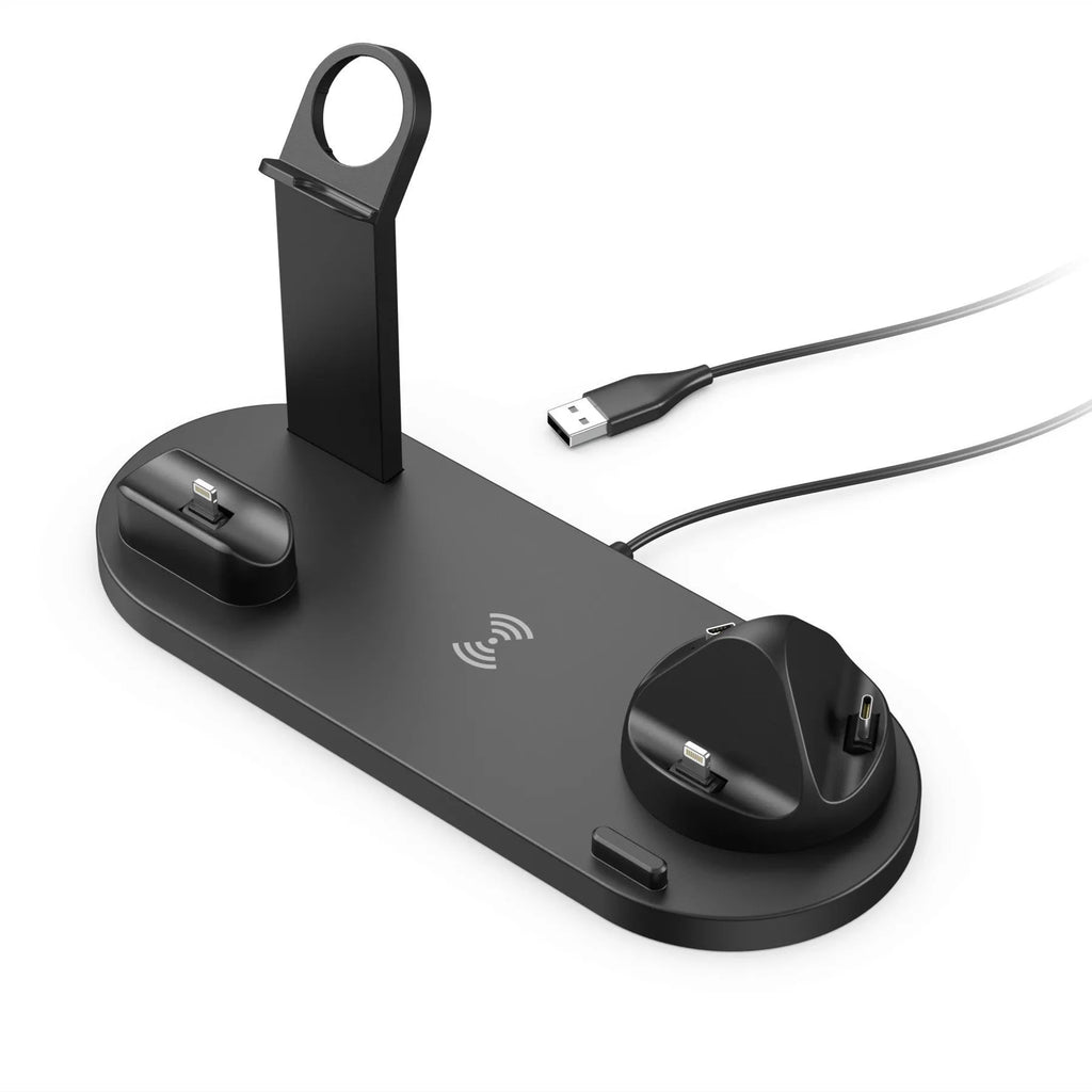 15W wireless charging stand with phone, headset and watch holders in metallic finish
