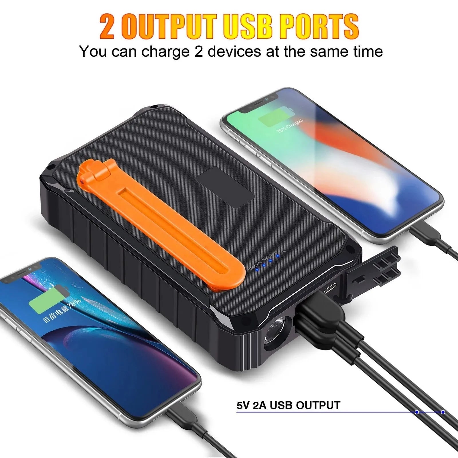 Orange portable solar power bank with hand crank and dual USB ports