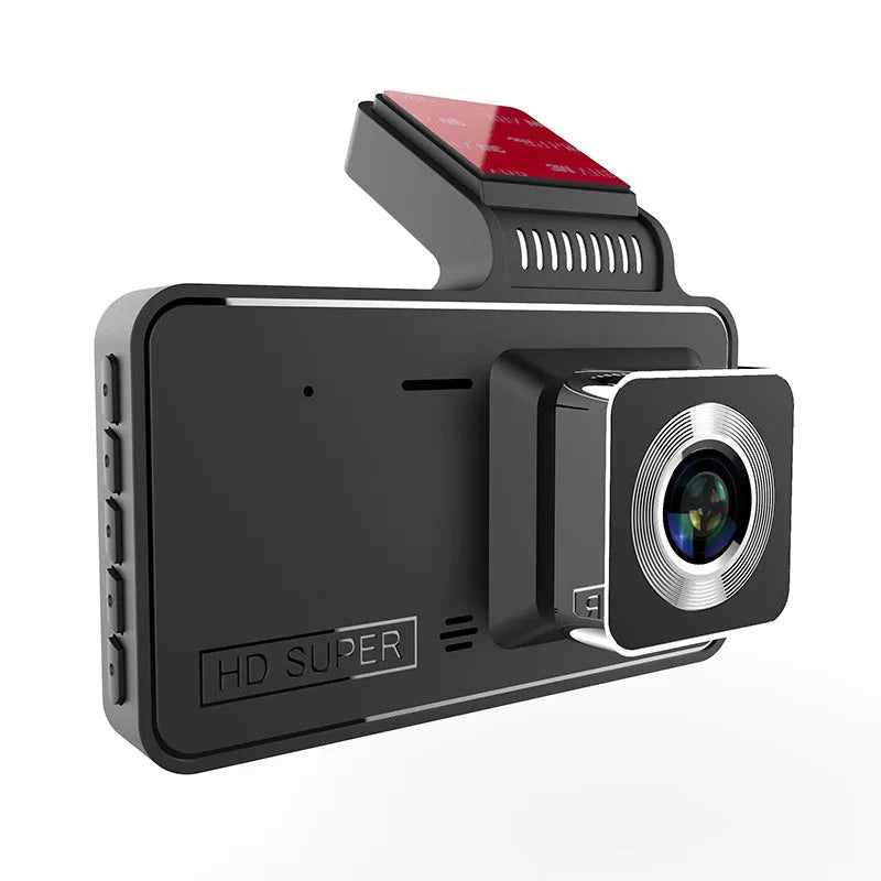 4-inch touchscreen adhesive dashcam with dual lens mounted on car windscreen