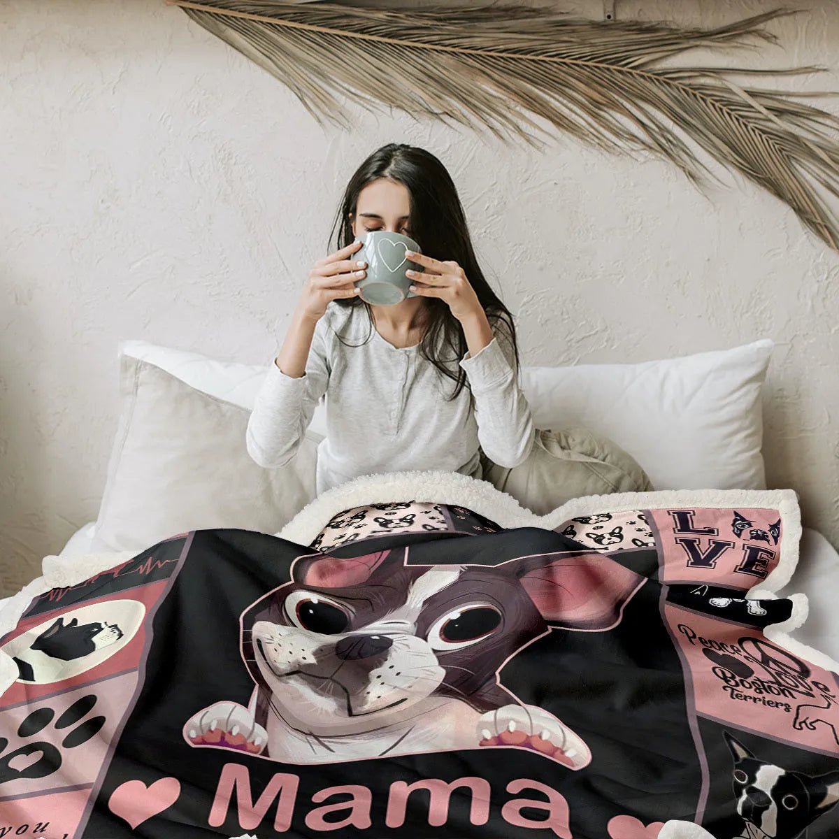 Pink Sherpa fleece dog themed throw blanket on sofa with hemmed edges