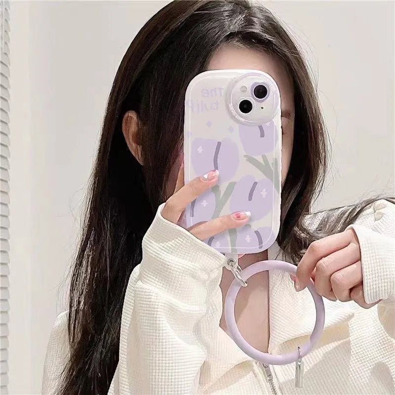 Transparent purple tulip heart lens phone case with purple bracelet for iPhone protection