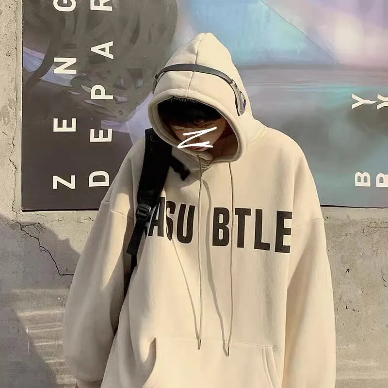 Men's loose fit hooded sweater in khaki, polyester, long sleeves, topstitching pocket